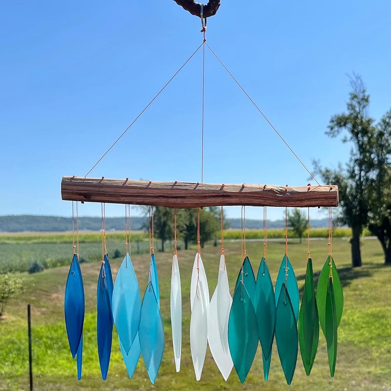 Gift Essentials Blue Handworks Gradient Ocean Waterfall & Driftwood Glass Leaves Chime - Sandblasted Glass and Found Wood Handcrafted Wind Chime - Image 5